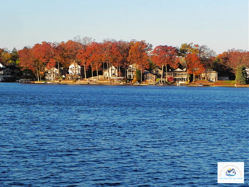 A row of stunning lakefront homes in West Bloomfield, MI, lining the shore with colorful fall trees in the background. This prime real estate location is perfect for buyers searching for luxury waterfront homes…
