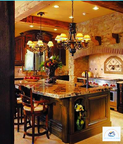 A beautifully designed luxury kitchen in a West Bloomfield MI lakefront home, featuring a granite island, warm lighting, and elegant wood cabinetry. This high-end kitchen adds to the appeal of waterfront real estate in Michigan…