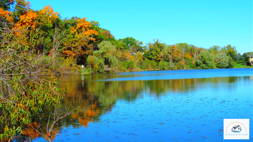 A scenic lake view in Oakland County, MI, with calm waters reflecting the surrounding autumn-colored trees. A perfect setting for homebuyers searching for waterfront homes for sale in Michigan…